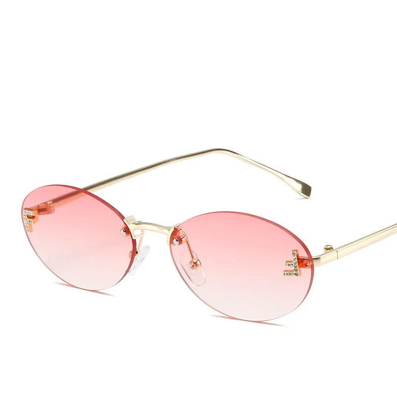 Luxury Rimless Diamond Letter F Sunglasses - Black Metal Oval Shades UV400 for Women - ZOOMNSTORE