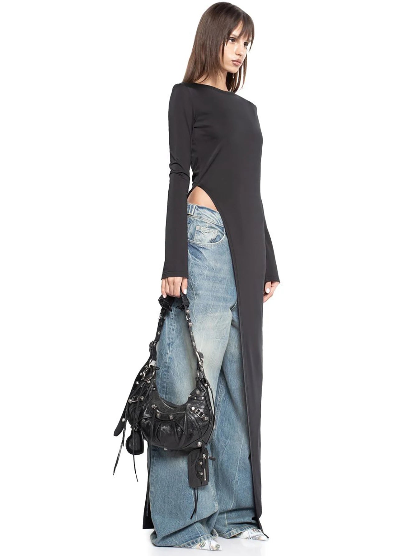 Long Sleeve High Slit Maxi Dress - Solid Sexy Autumn Winter Party Outfit - ZOOMNSTORE