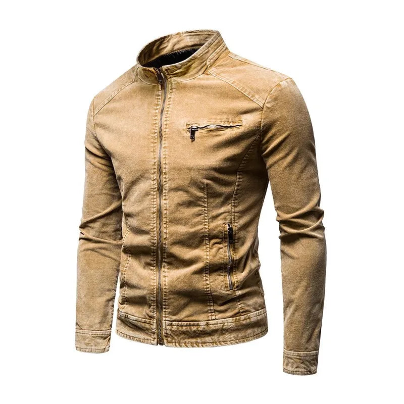 Men Denim Jacket - Slim Fit Cotton Moto Biker Zipper Coat With Stand Collar - ZOOMNSTORE
