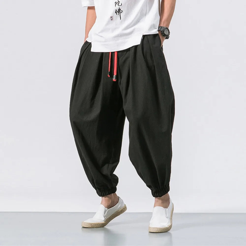 Men Harem Pants - Oversized Cotton Linen Jogger Pants | Loose Casual Ankle Length Trousers - ZOOMNSTORE