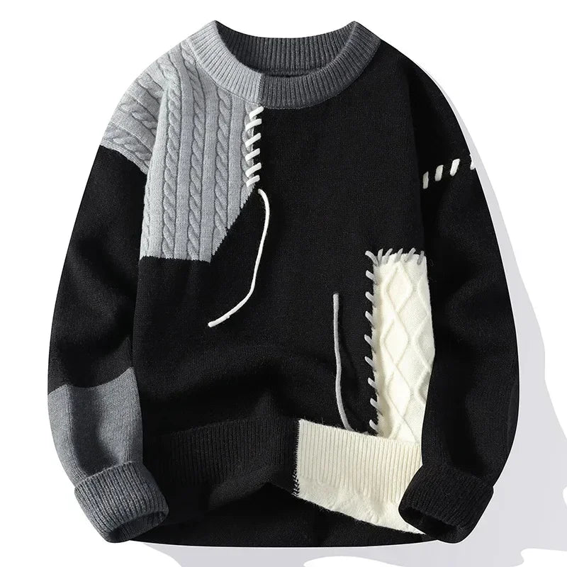 Men Knitted Jumpers - Patchwork Sweater O-Neck Pullover | Casual Winter Wear - ZOOMNSTORE