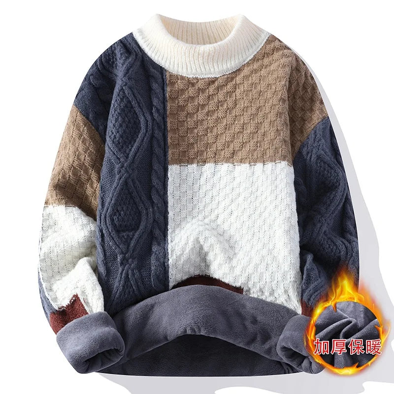 Jumpers Patchwork Men Knitted O Neck Pullovers Long Sleeve Sweaters Loose Fit Spliced Winter 2024 Slight Strech Casual - ZOOMNSTORE