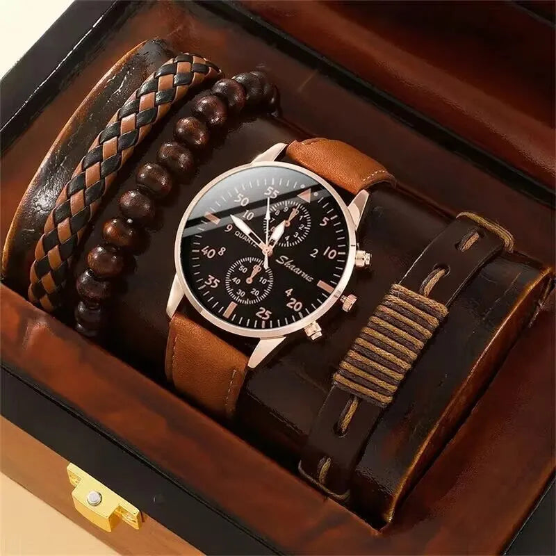 Men Leather Wristwatch - Luxury Brown Bracelet Set With Quartz Movement & Alloy Case - ZOOMNSTORE