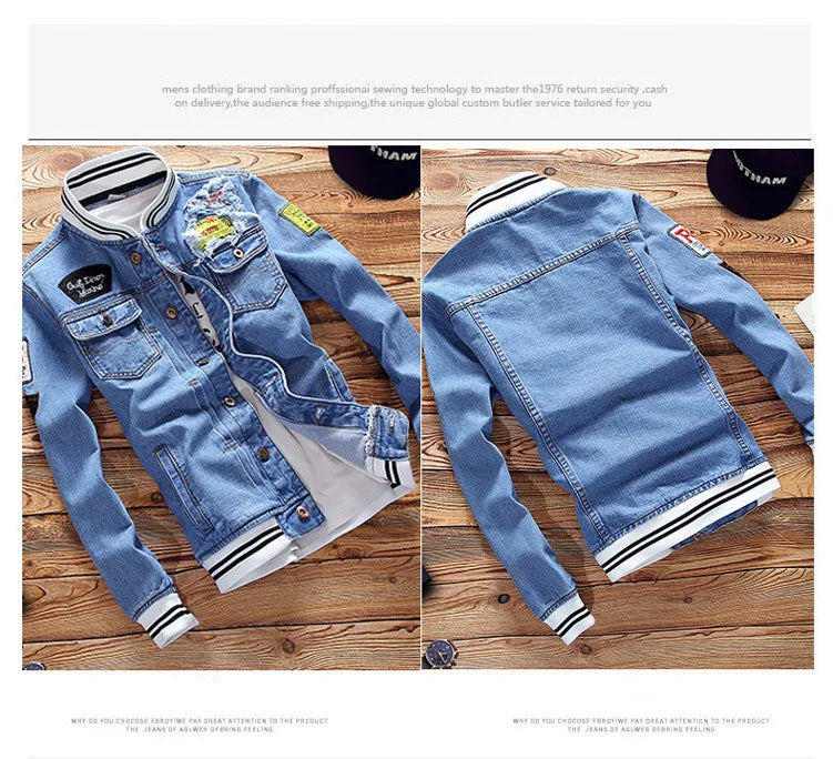 Spring Autumn New Fashion Men's Loose Jeans Jacket Casual American Stand Collar Denim Coats Plus Size Men Trendy Streetwear - ZOOMNSTORE