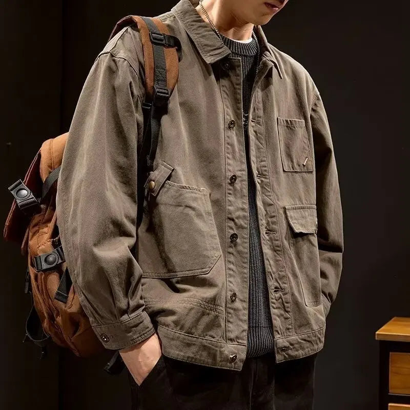 Retro Korean Sle Men's Denim Jaet Casual Spring Autumn Faionable Long Sve Workwear Coat with kets for Middle Youth - ZOOMNSTORE