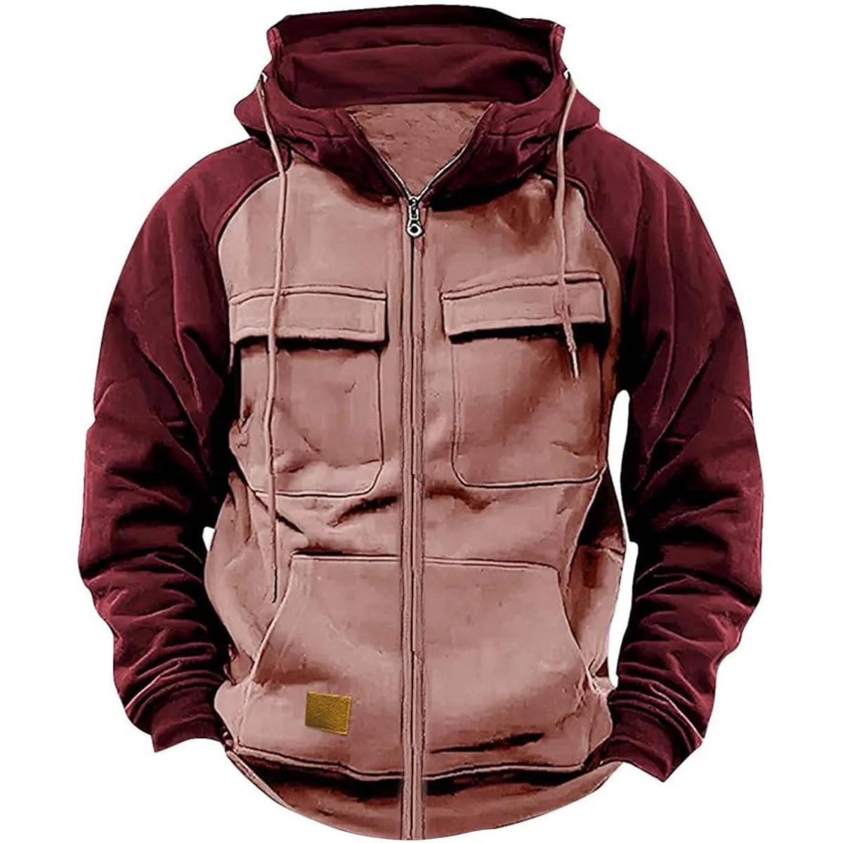 Men's Hooded Sweatshirt - Patchwork Hoodie With Zipper, Fleece Lined & Multiple Pockets - ZOOMNSTORE