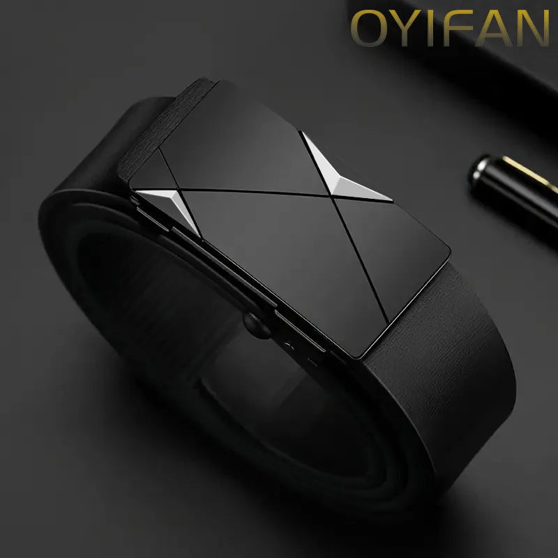 Men's Leather Belts - Luxury Designer Black Cowskin Belt With Automatic Buckle - ZOOMNSTORE