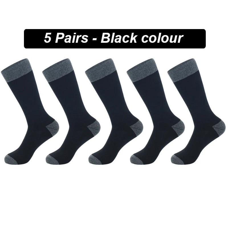 Men's Long Socks Pack - 5 Pairs Striped & Solid Black Cotton Crew Socks | Comfortable Plus Size EU40-47 - ZOOMNSTORE