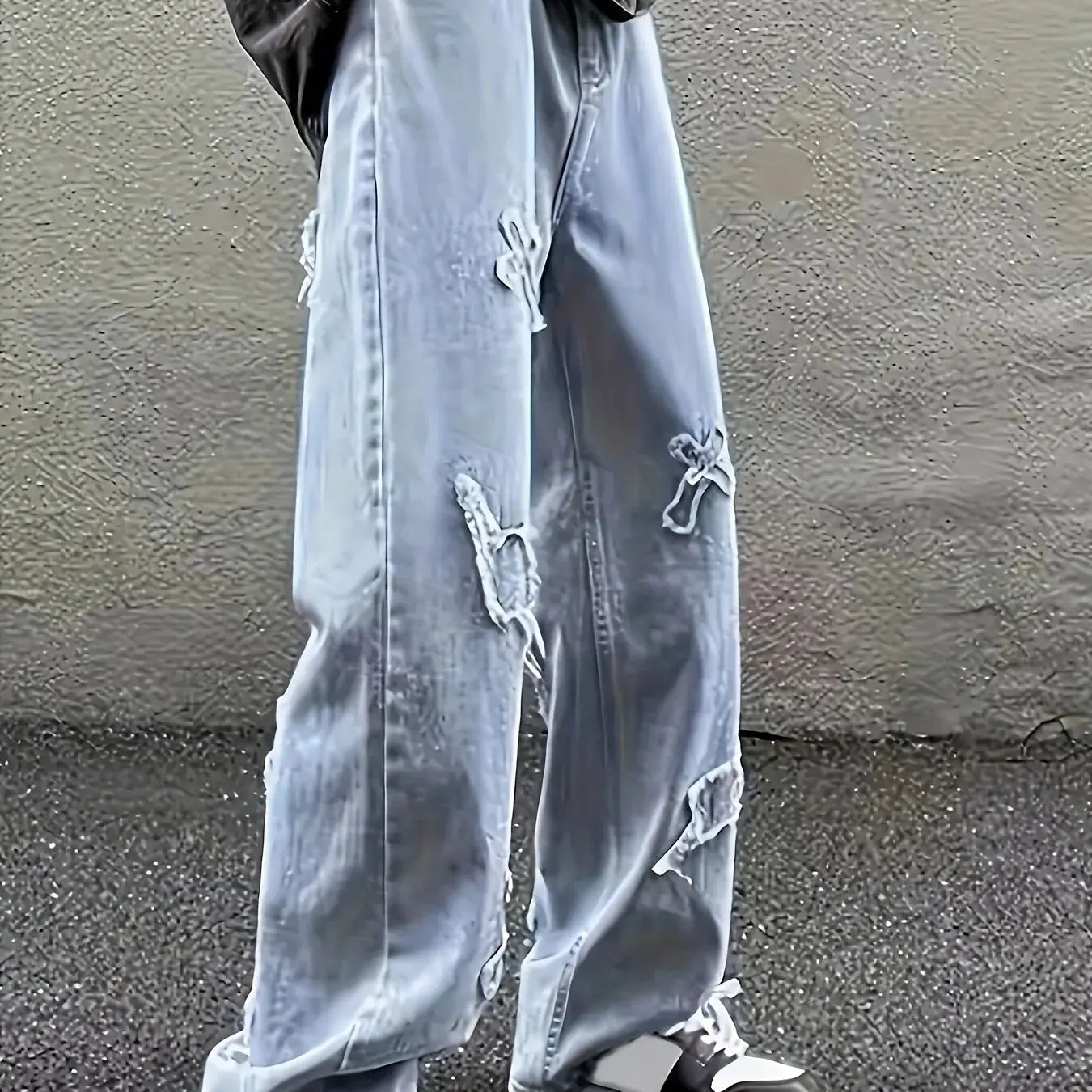 Men's Loose Jeans - Baggy Patch Denim Pants With Lightning Embroidery & Button Fly - ZOOMNSTORE
