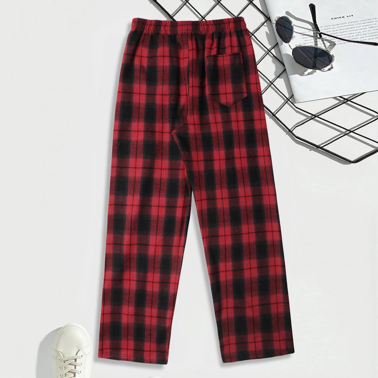 Men's Lounge Pants - Casual Plaid Drawstring Waist Full Length Polyester Trousers - ZOOMNSTORE