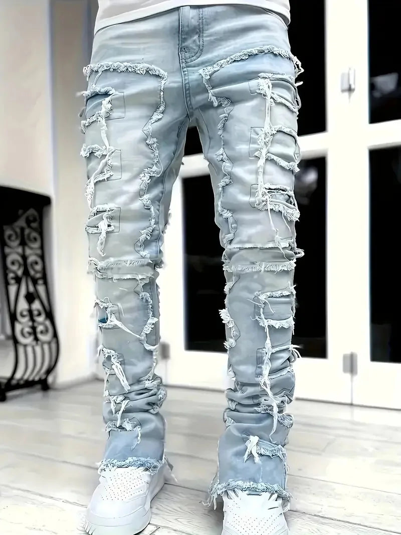 Men's Slim Fit Jeans - Black Denim Pants With Raw Edge Stacked Patches - ZOOMNSTORE
