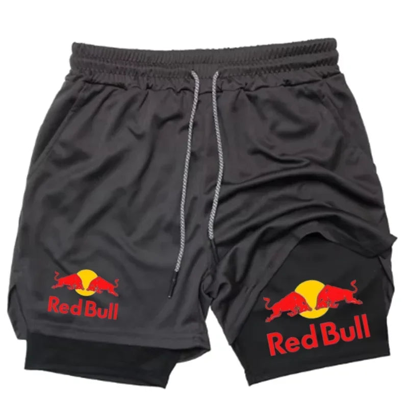 Mens 2-in-1 Red Bull Sports Shorts - Quick-Dry Breathable Running Underwear M-3XL - ZOOMNSTORE