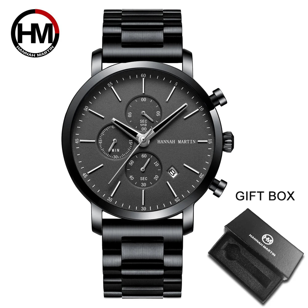 Hannah Martin Mens Waterproof Sports Watch - Black Dial Stainless Steel Quartz Clock - ZOOMNSTORE