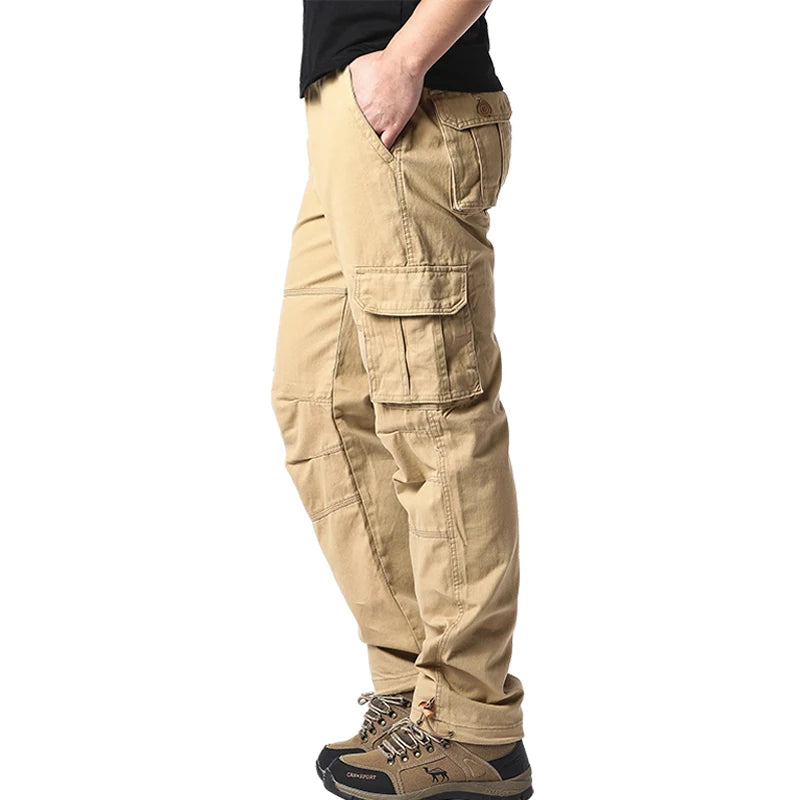 Men's Tactical Cargo Pants - Loose Fit Elastic Waist Cotton Work Trousers - ZOOMNSTORE