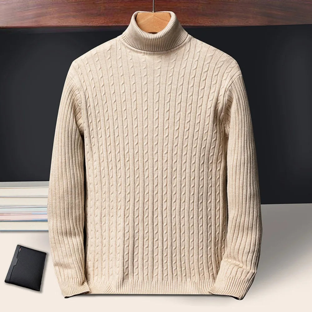New Men's Turtleneck Sweaters Autumn Knitted Striped Streetwear Warm Long Sleeved Pullover Solid Color Basic Style Casual Tops - ZOOMNSTORE