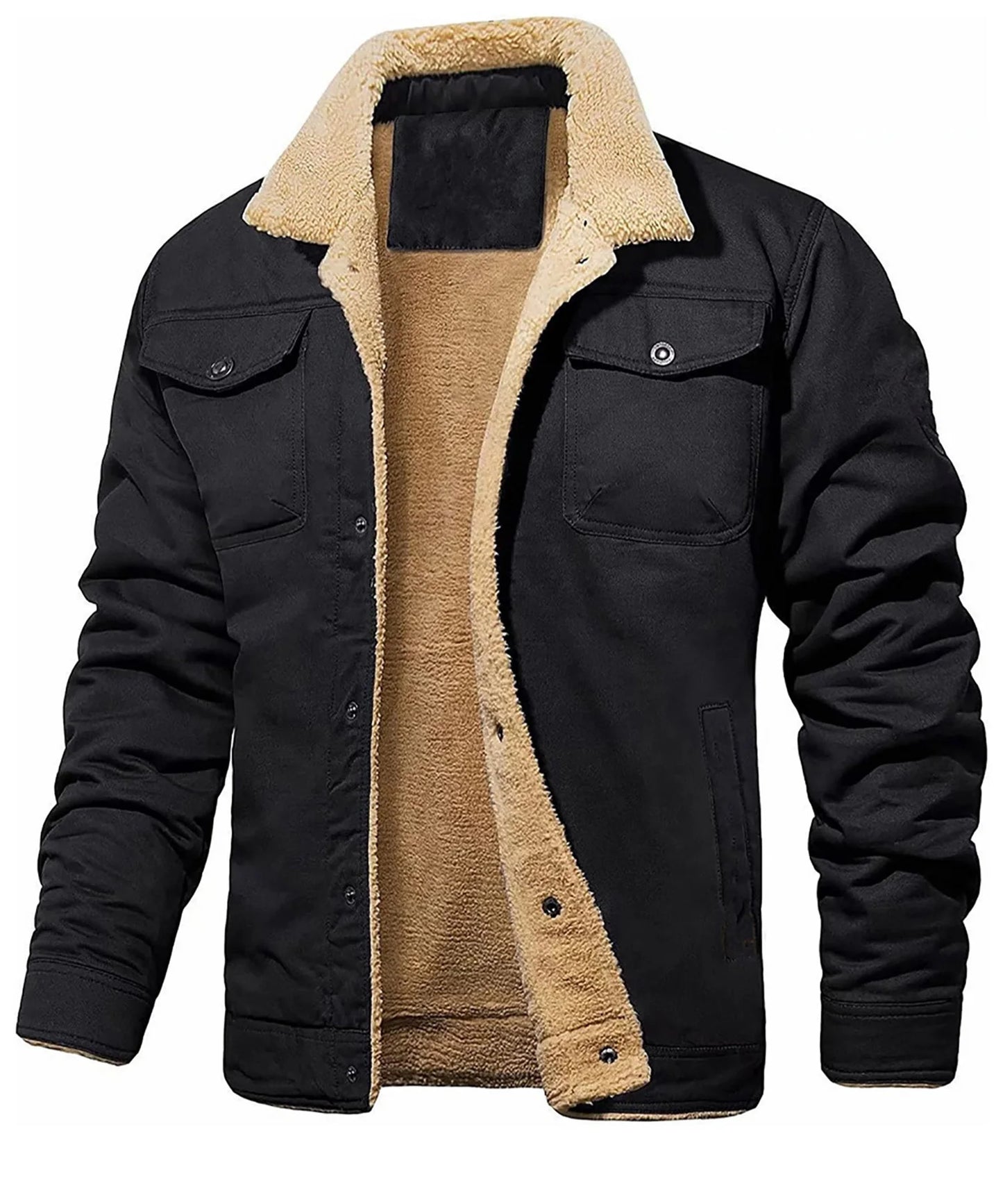 Men's Winter Jacket - Faux Shearling Coat | Windproof Warm Black Buttoned Parka - ZOOMNSTORE