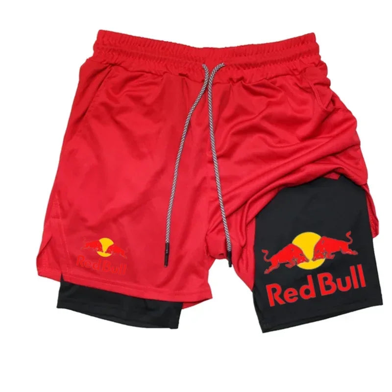 Mens 2-in-1 Red Bull Sports Shorts - Quick-Dry Breathable Running Underwear M-3XL - ZOOMNSTORE