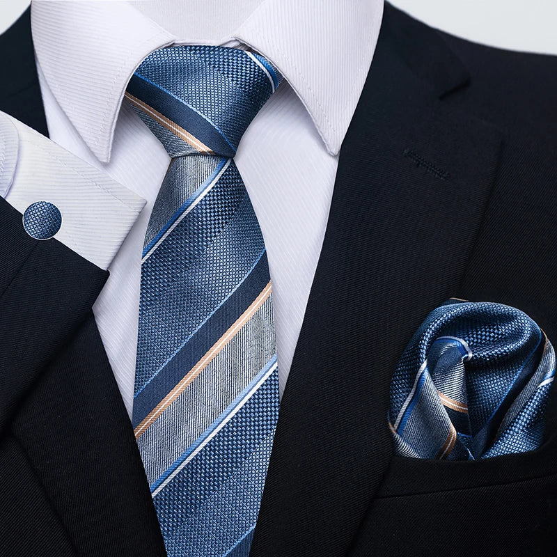 Mens Blue Gold Tie Pocket Square Set - Wedding Party Accessories - ZOOMNSTORE