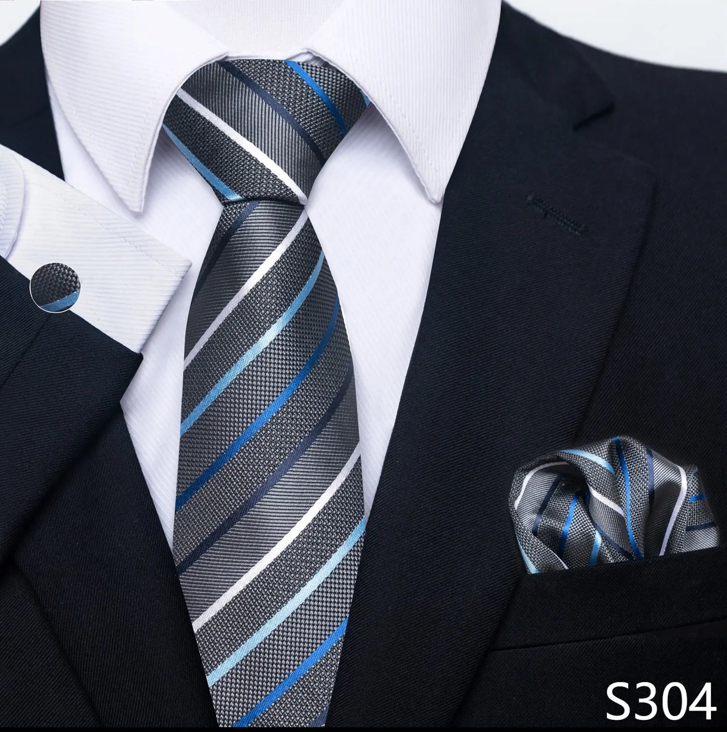 Mens Blue Gold Tie Pocket Square Set - Wedding Party Accessories - ZOOMNSTORE