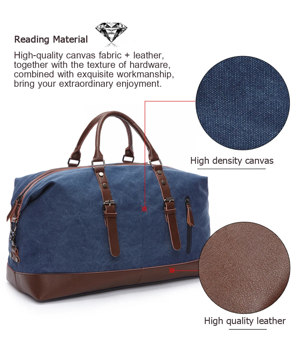Mens Canvas Leather Duffel Bag - Travel Tote Weekend Luggage - ZOOMNSTORE