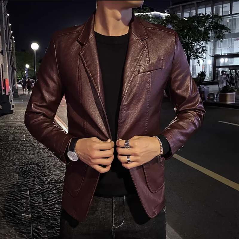Mens Casual Leather Jacket - 2024 Fashion Slim Fit Coat 5XL BlackKahki - ZOOMNSTORE