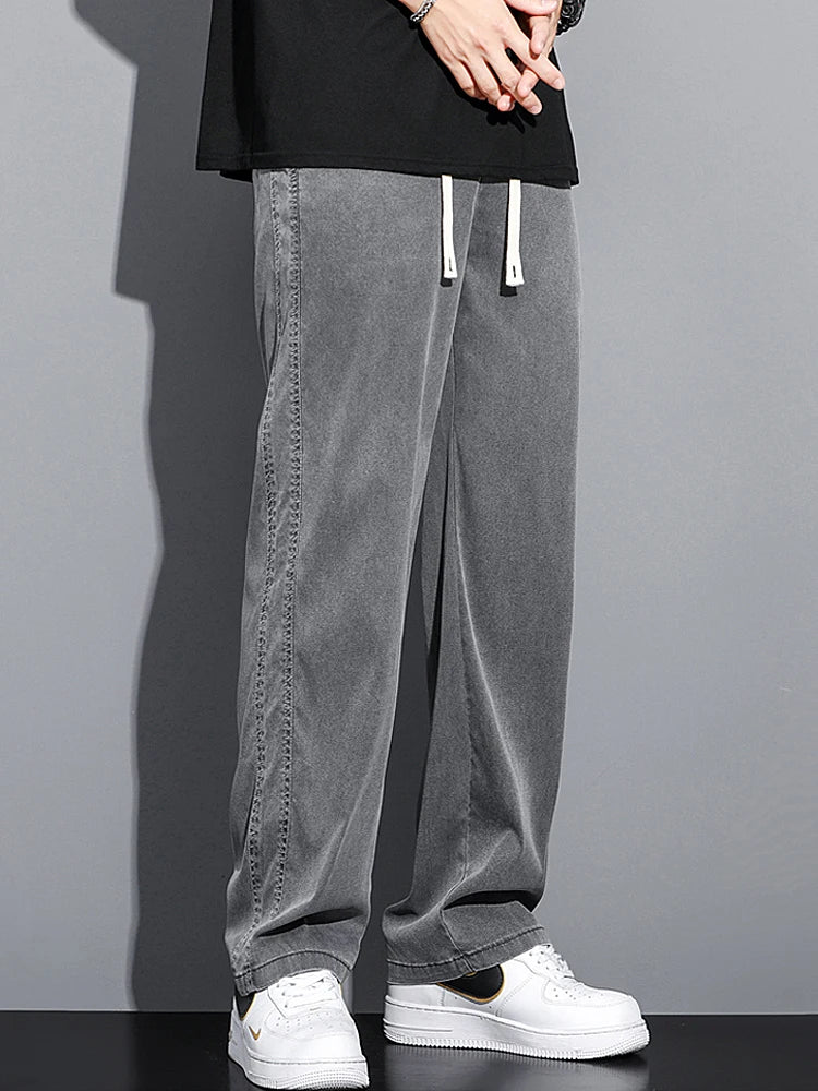 Mens Loose Straight Leg Jeans - Soft Lyocell Fabric Drawstring Elastic Waist Korean Casual Pants - ZOOMNSTORE