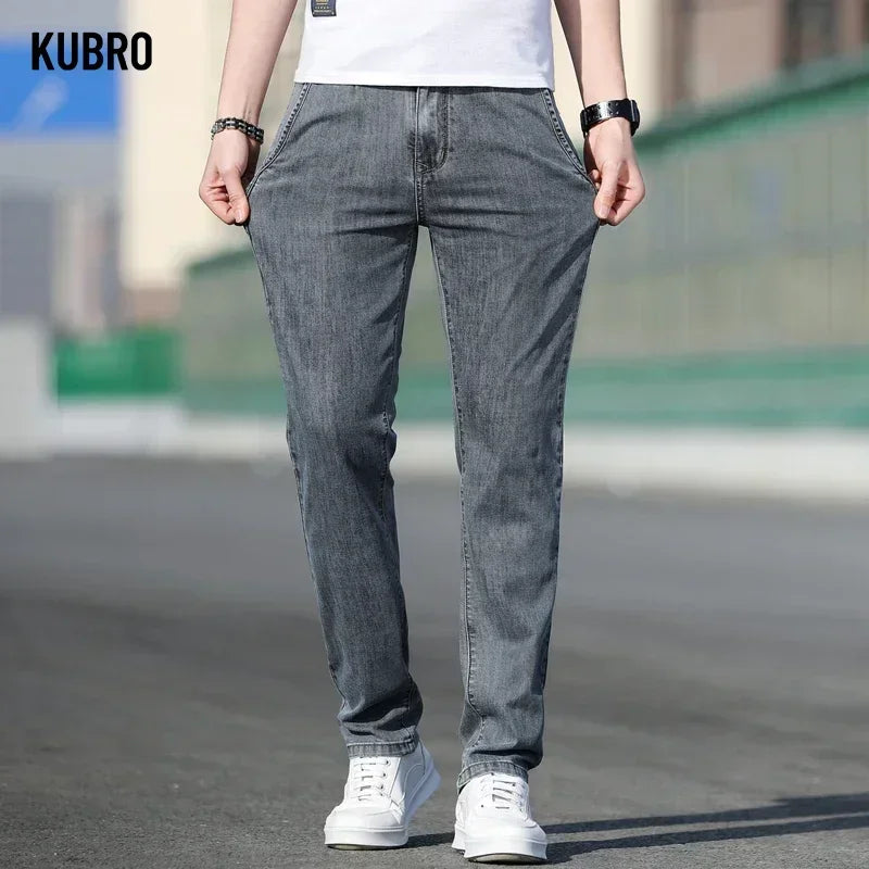Mens Loose Stretch Gray Jeans - Casual Straight-Leg Denim Pants - ZOOMNSTORE