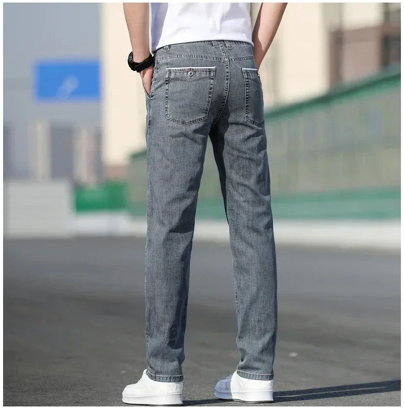Mens Loose Stretch Gray Jeans - Casual Straight-Leg Denim Pants - ZOOMNSTORE
