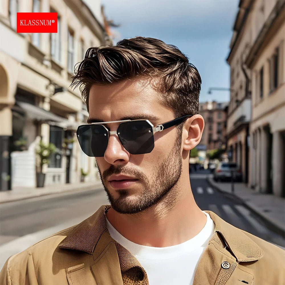 Mens Luxury Square Half Frame Sunglasses - UV400 Anti-Glare Driving Goggles - ZOOMNSTORE