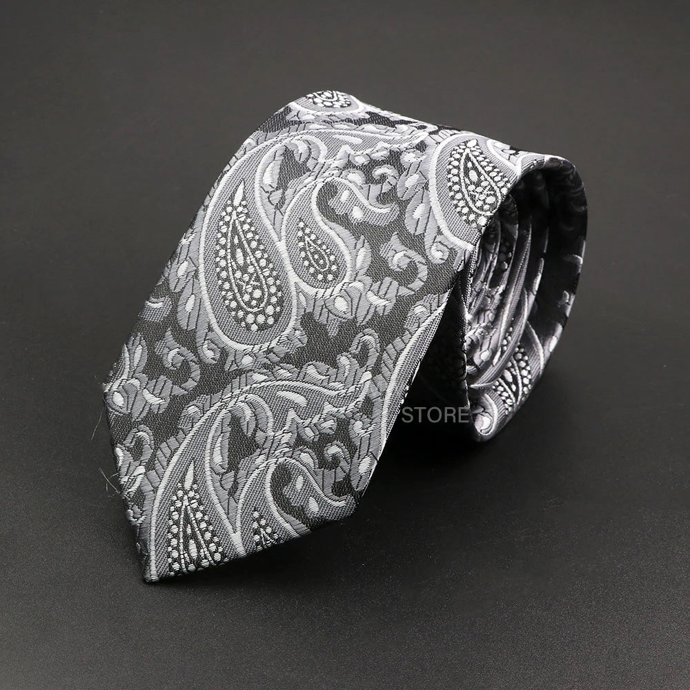 Mens Paisley Necktie - Grey Brown Green Wedding Business Tie - ZOOMNSTORE