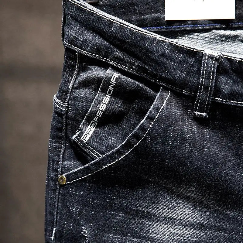Mens Ripped Slim-Fit Denim Jeans - American Korean Style Cotton Pants - ZOOMNSTORE