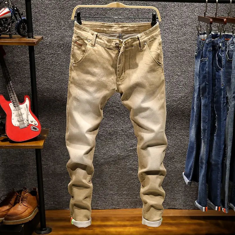 Mens Ripped Slim-Fit Denim Jeans - American Korean Style Cotton Pants - ZOOMNSTORE