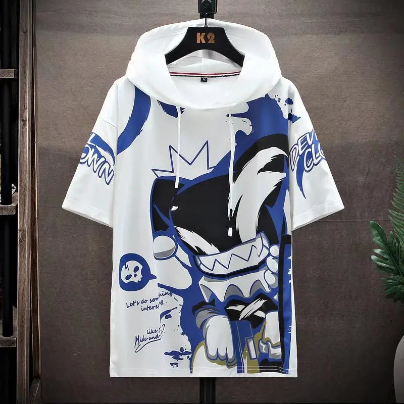 Mens Short Sleeve Hoodie - Japan Fashion Streetwear Harajuku Print - ZOOMNSTORE