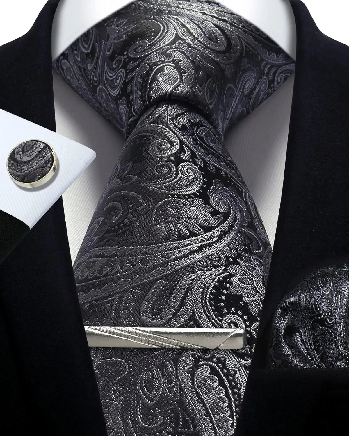 Mens Silk Tie Set - Silver Paisley Necktie with Pocket Square Cufflinks for Formal Events - ZOOMNSTORE