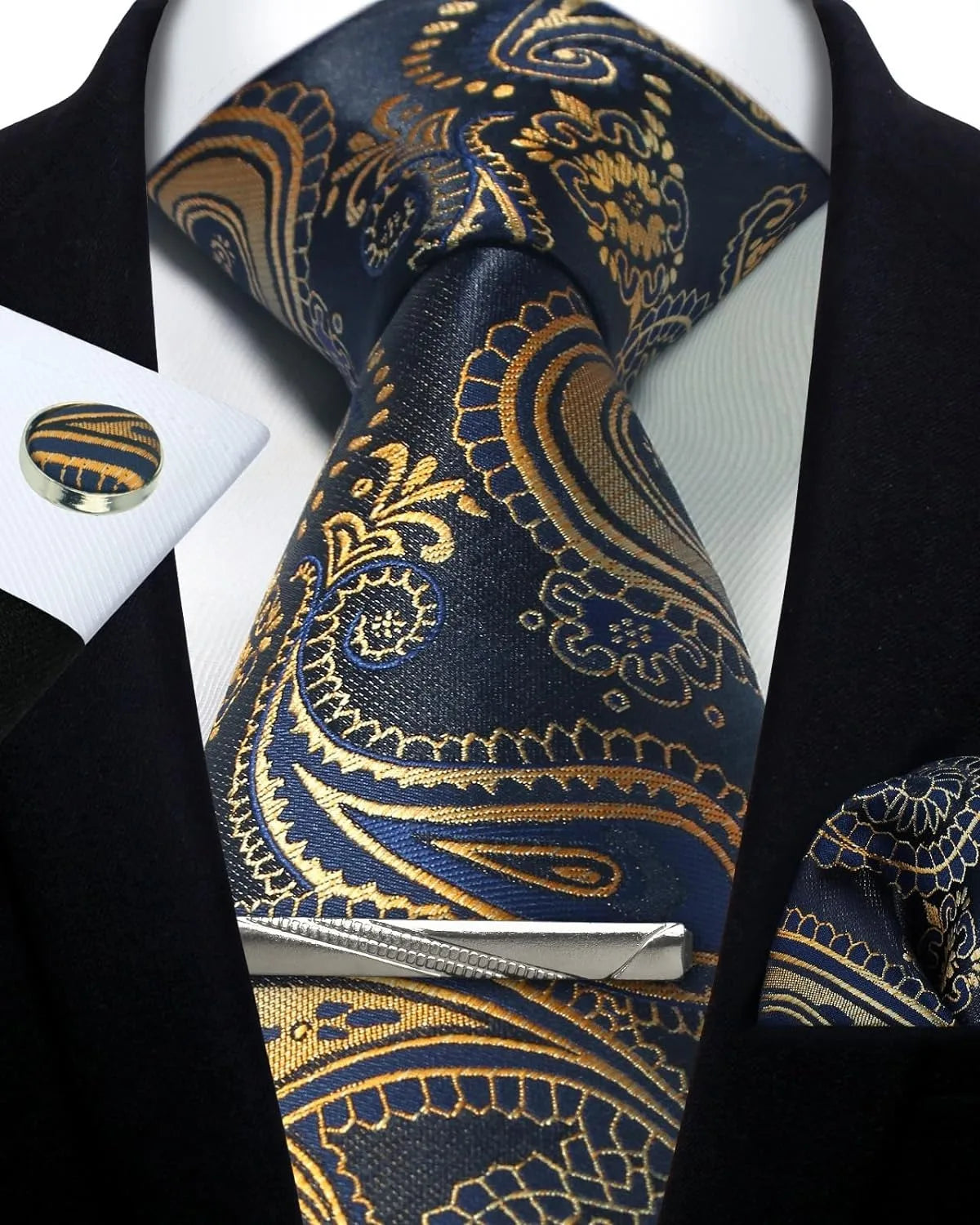 Mens Silk Tie Set - Silver Paisley Necktie with Pocket Square Cufflinks for Formal Events - ZOOMNSTORE