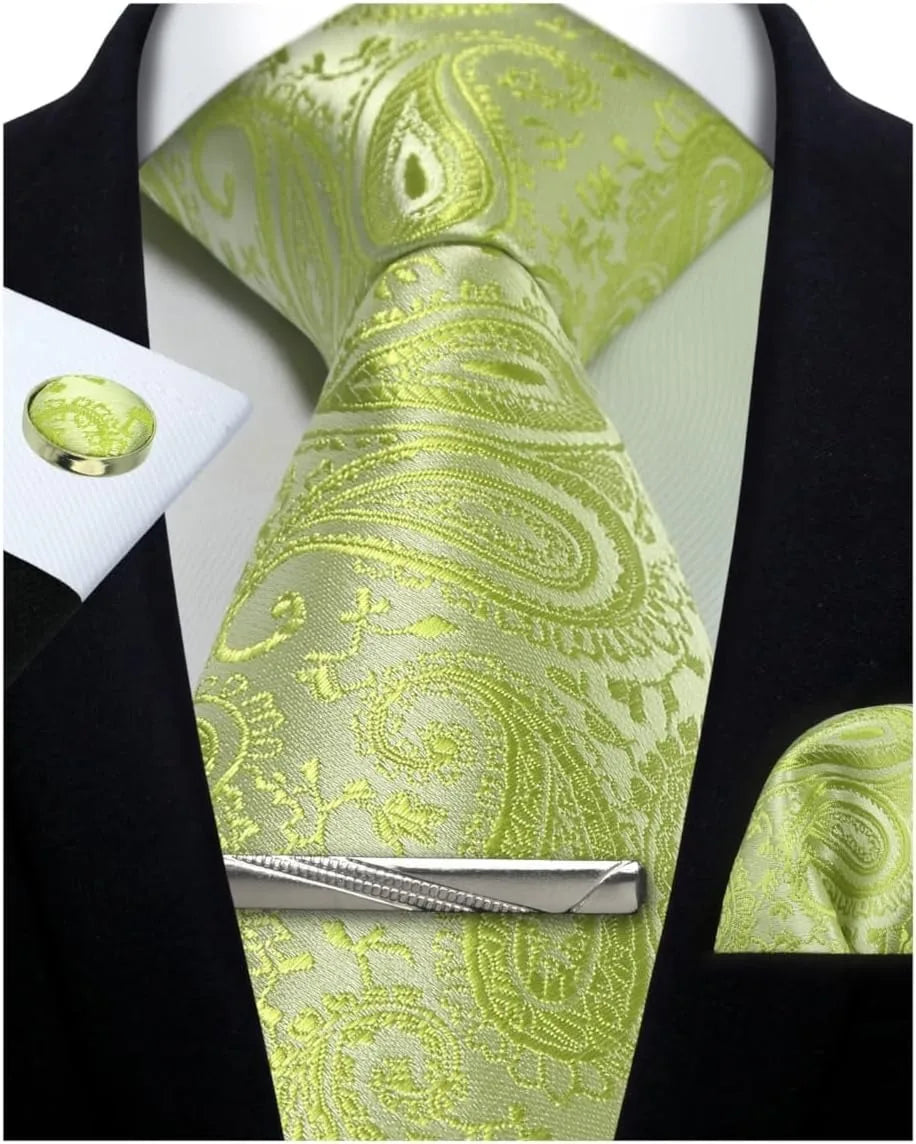 Mens Silk Tie Set - Silver Paisley Necktie with Pocket Square Cufflinks for Formal Events - ZOOMNSTORE