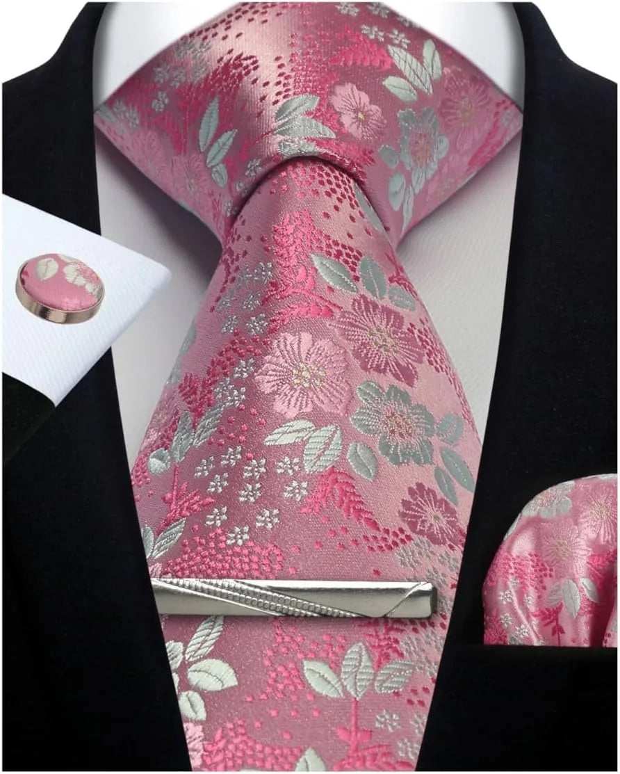 Mens Silk Tie Set - Silver Paisley Necktie with Pocket Square Cufflinks for Formal Events - ZOOMNSTORE