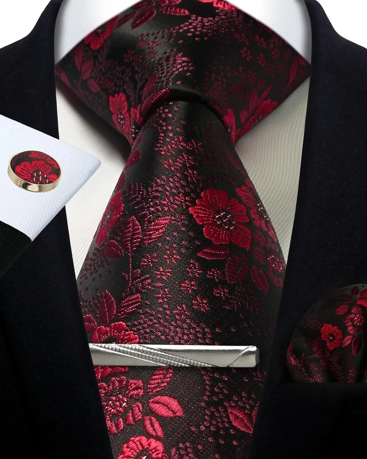Mens Silk Tie Set - Silver Paisley Necktie with Pocket Square Cufflinks for Formal Events - ZOOMNSTORE