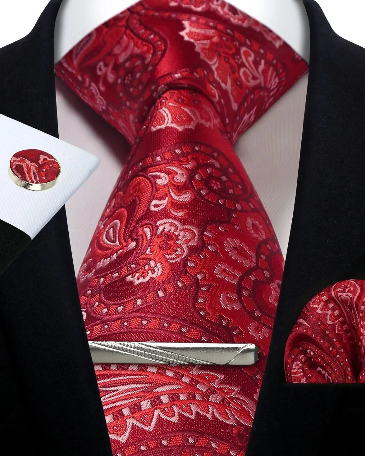 Mens Silk Tie Set - Silver Paisley Necktie with Pocket Square Cufflinks for Formal Events - ZOOMNSTORE