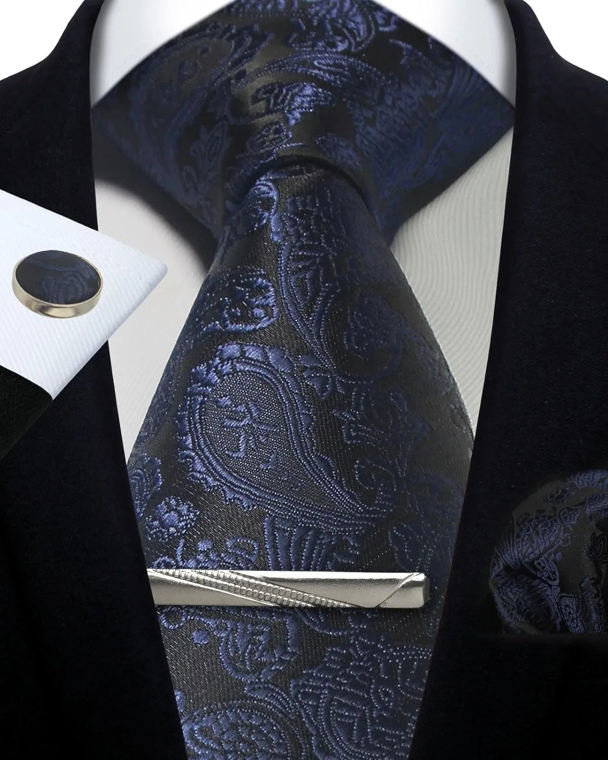 Mens Silk Tie Set - Silver Paisley Necktie with Pocket Square Cufflinks for Formal Events - ZOOMNSTORE