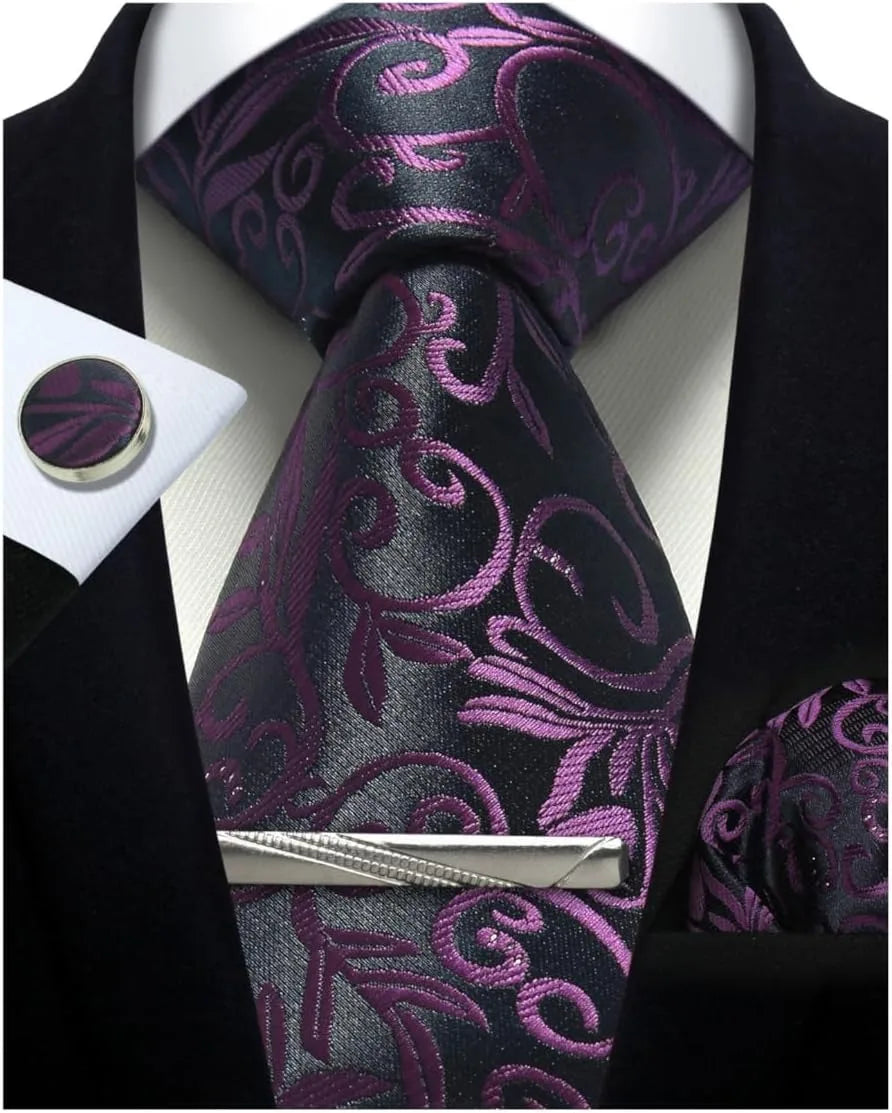 Mens Silk Tie Set - Silver Paisley Necktie with Pocket Square Cufflinks for Formal Events - ZOOMNSTORE
