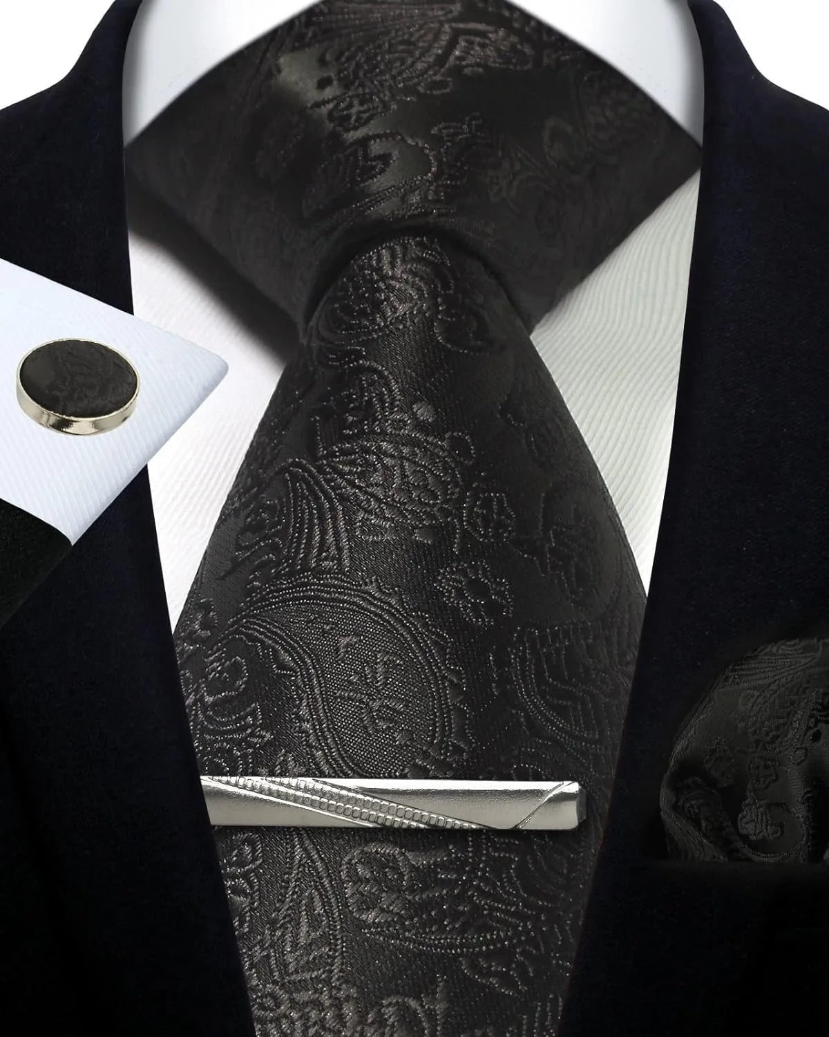 Mens Silk Tie Set - Silver Paisley Necktie with Pocket Square Cufflinks for Formal Events - ZOOMNSTORE