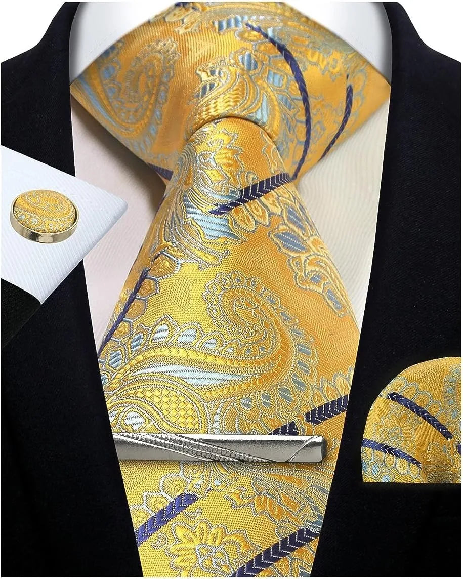 Mens Silk Tie Set - Silver Paisley Necktie with Pocket Square Cufflinks for Formal Events - ZOOMNSTORE