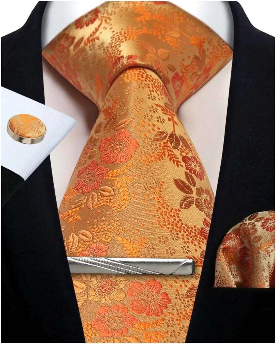 Mens Silk Tie Set - Silver Paisley Necktie with Pocket Square Cufflinks for Formal Events - ZOOMNSTORE