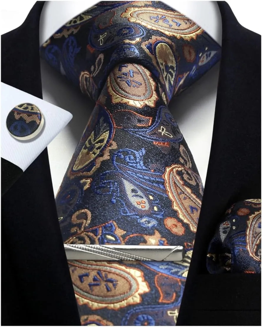 Mens Silk Tie Set - Silver Paisley Necktie with Pocket Square Cufflinks for Formal Events - ZOOMNSTORE