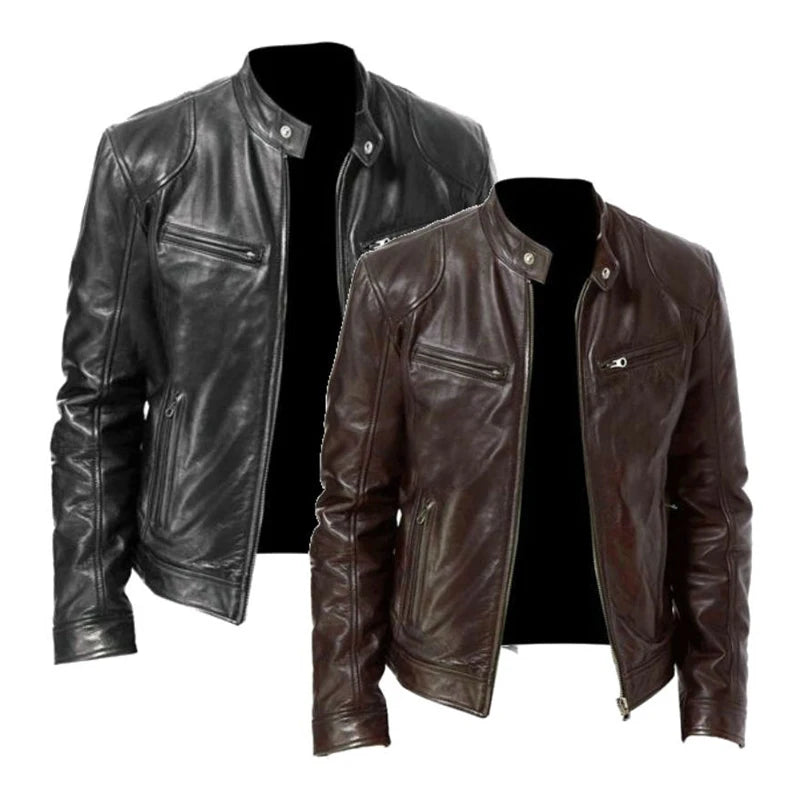 Mens Slim Fit Leather Motorcycle Jacket - Casual Autumn PU Coat - ZOOMNSTORE