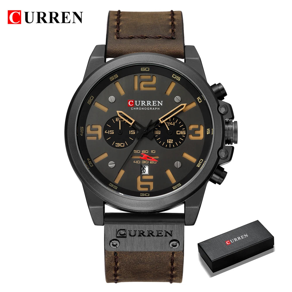 CURREN Mens Luxury Waterproof Sport Watch - Chronograph Quartz Military Leather - ZOOMNSTORE