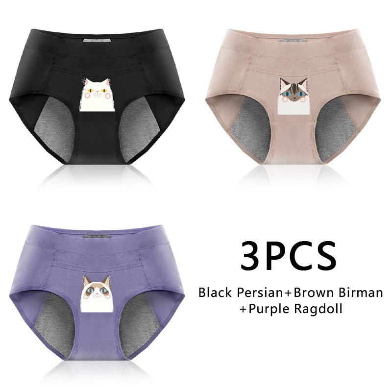 Leak Proof Cotton Menstrual Panties - Breathable Cartoon Cat Womens Intimates 3PCS - ZOOMNSTORE