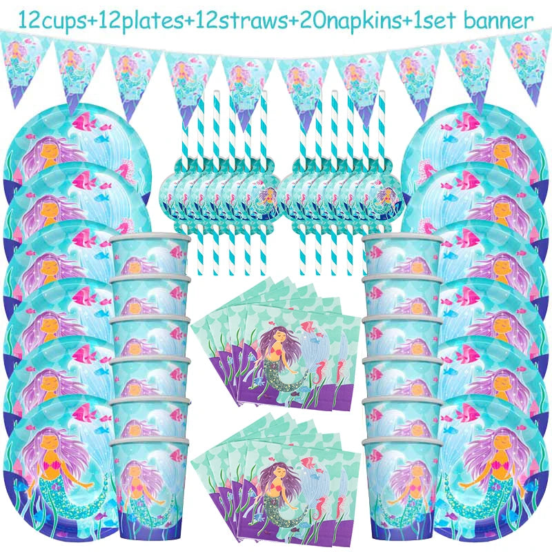 Mermaid Party Supplies Set - Disposable Plates Cups Napkins for Girls Birthday Baby Shower - ZOOMNSTORE