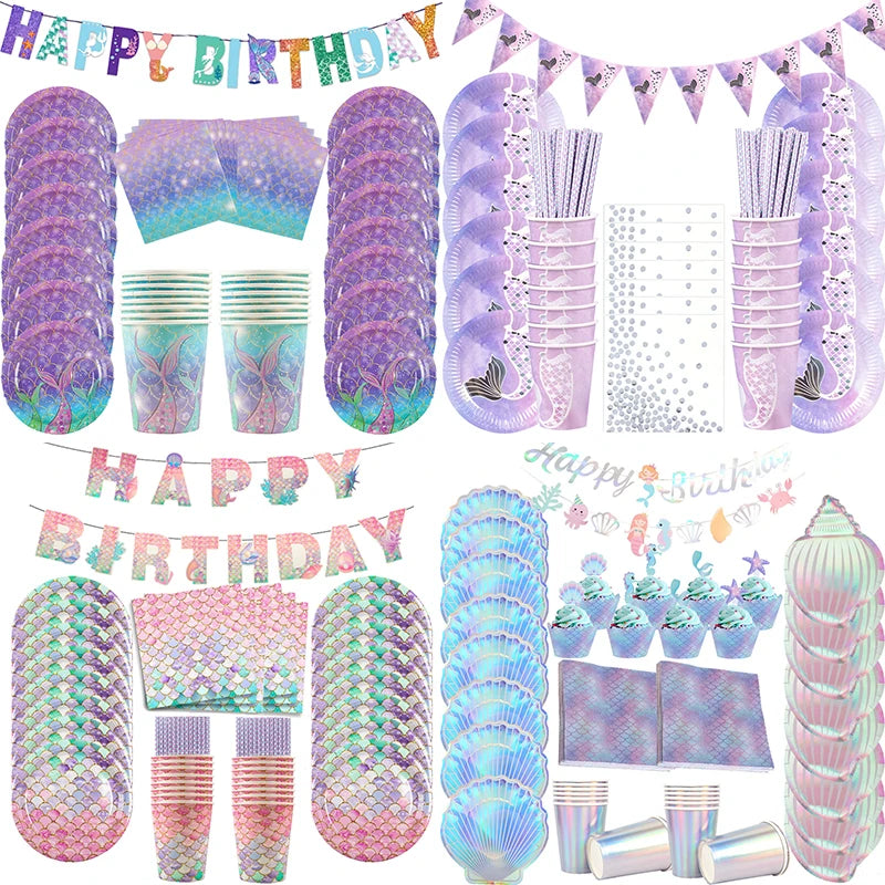 Mermaid Party Supplies Set - Disposable Plates Cups Napkins for Girls Birthday Baby Shower - ZOOMNSTORE